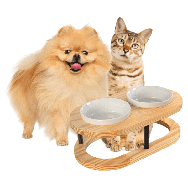 Comedouro Pet Elevado Duplo Madeira Maciça e Porcelana para Cachorro e Gato